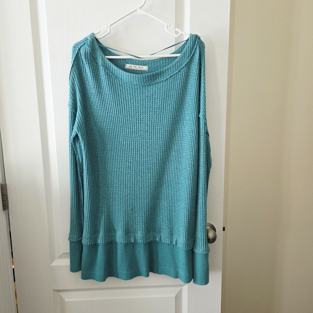 Free People Teal Long Sleeve Waffle Knit Top